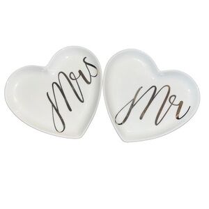 Mr & Mrs Love Ceramic Heart Shaped Plates Jewelry Holder His & Hers Set of 2